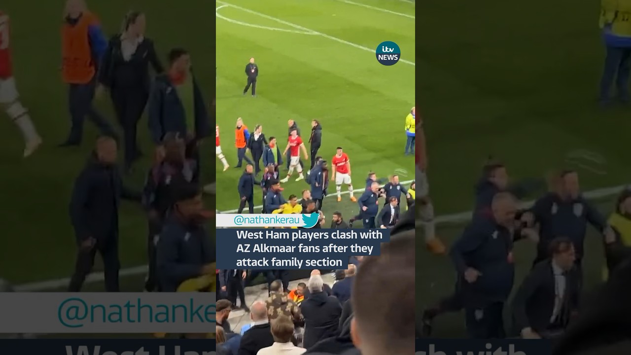 West Ham players clash with AZ Alkmaar fans after they attack family section #football  #westham