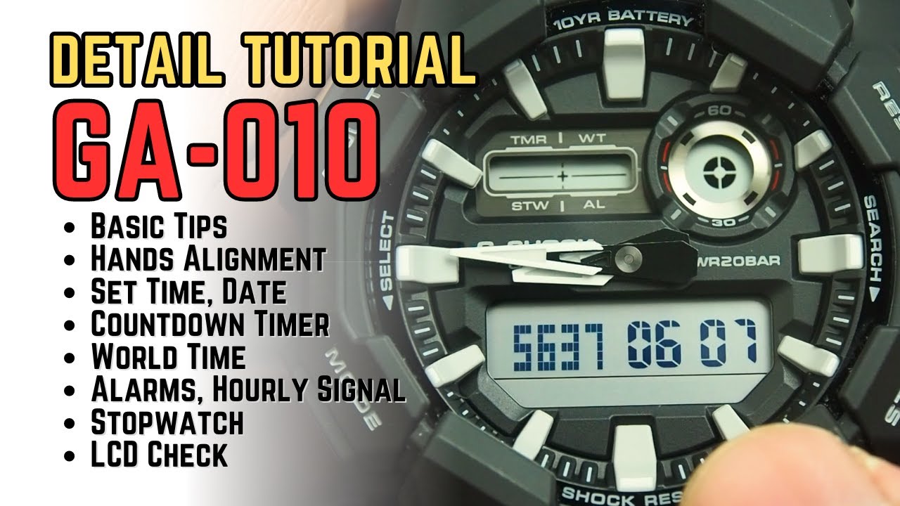 Casio G-Shock GA-010 Complete Tutorial: How to set hands alignment, time, date, timer, alarm GA010
