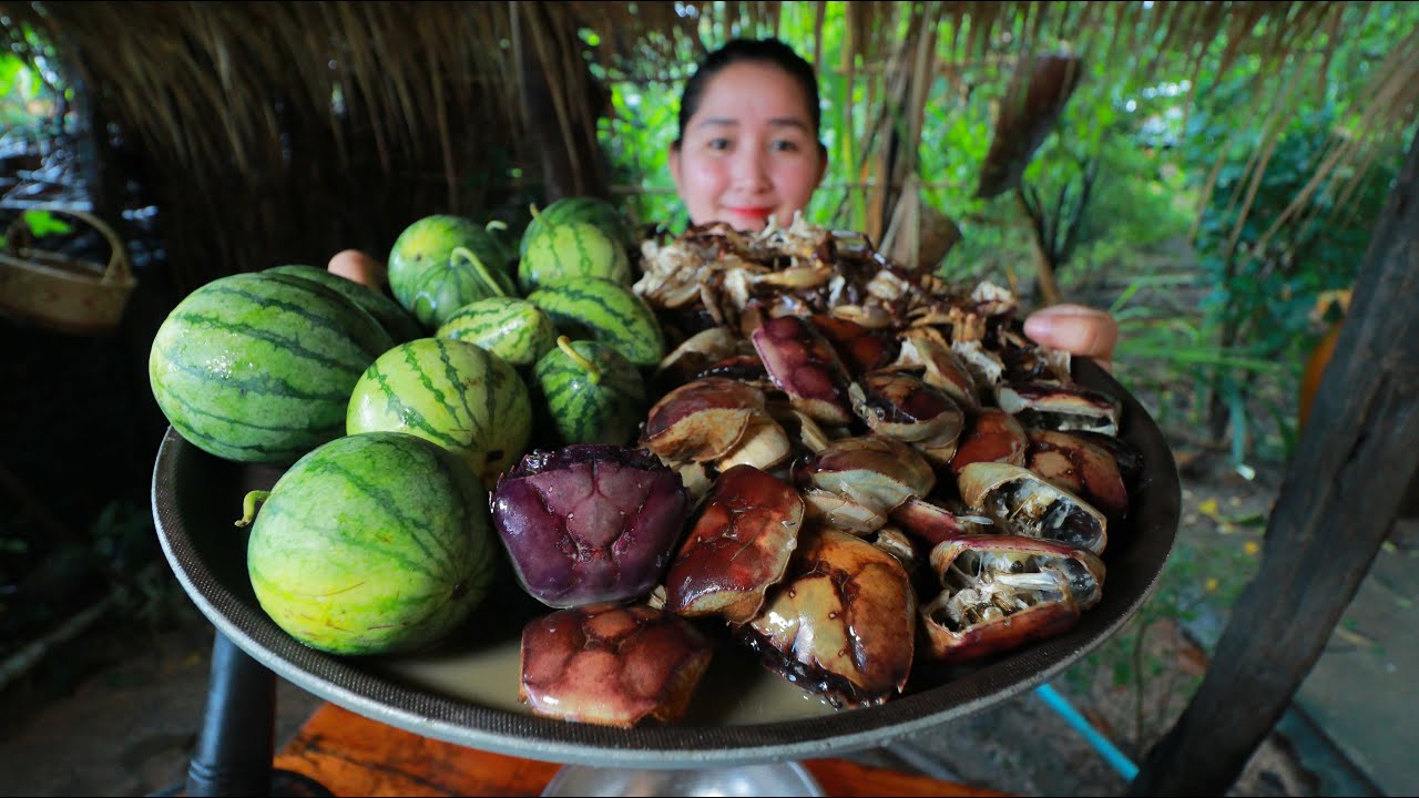 Yummy Cooking Young Water Melon Rice Field Crab - Cooking With Sros