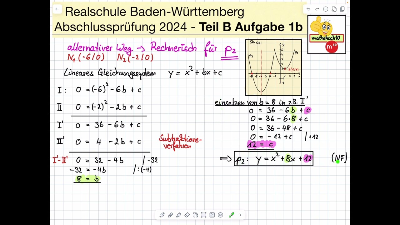 Abschlussprüfung 2024 Realschule BW B Nr.1b I mathehoch10 I einfach erklärt I quadratische Funktion