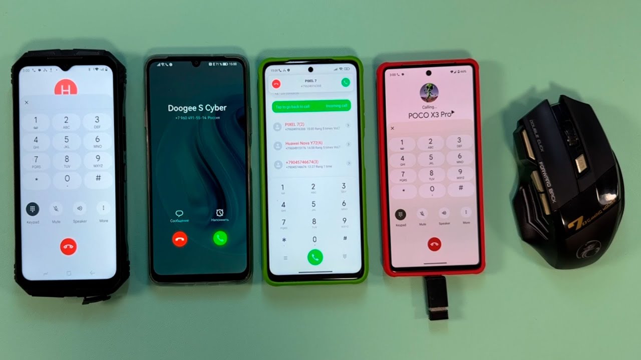 Four Incoming call Google Pixel 7 Doogee S Cyber Poco x3 Pro Huawei Nova y72 with mouse control