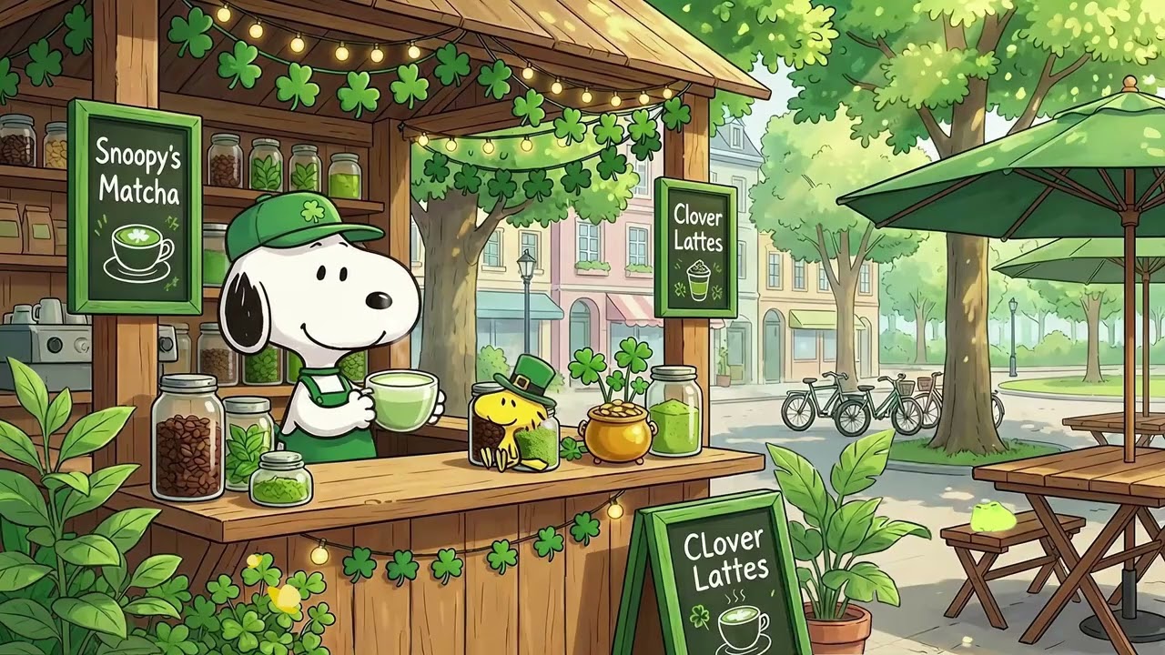 Snoopy & Woodstock at St  Patrick's Matcha Stall 🍵🍀 Cozy Lofi Beats for Studying & Relaxing