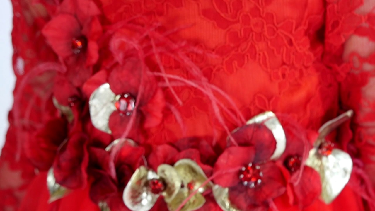Luxury dress with hydrangeas, feathers and crystals