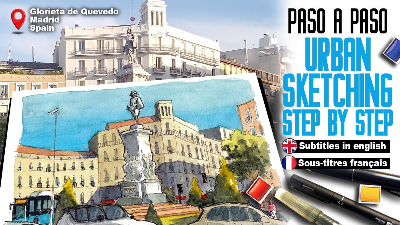 Urban sketching , quick demo for urbansketchers. Dibujo urbano paso a paso. Pl. Quevedo, Madrid.