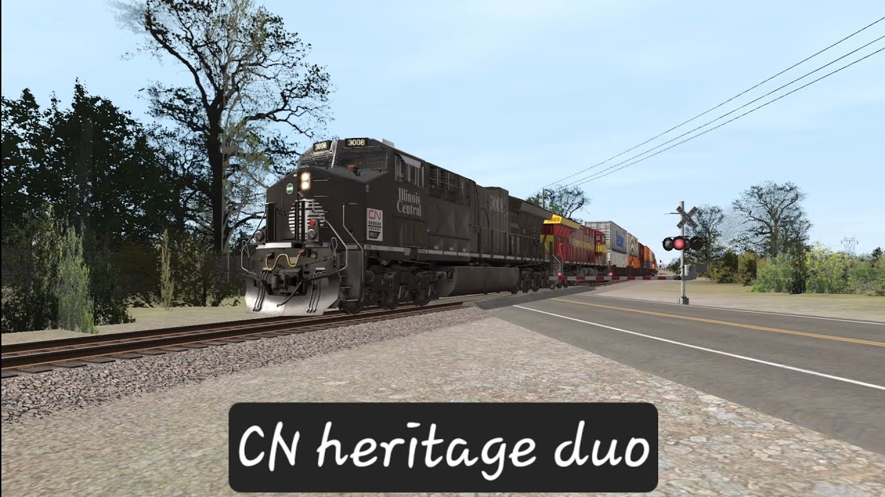 CN 3008 (IC) and CN 3069 (WC) lead stack train past Marshall siding (Trainz 2022) 