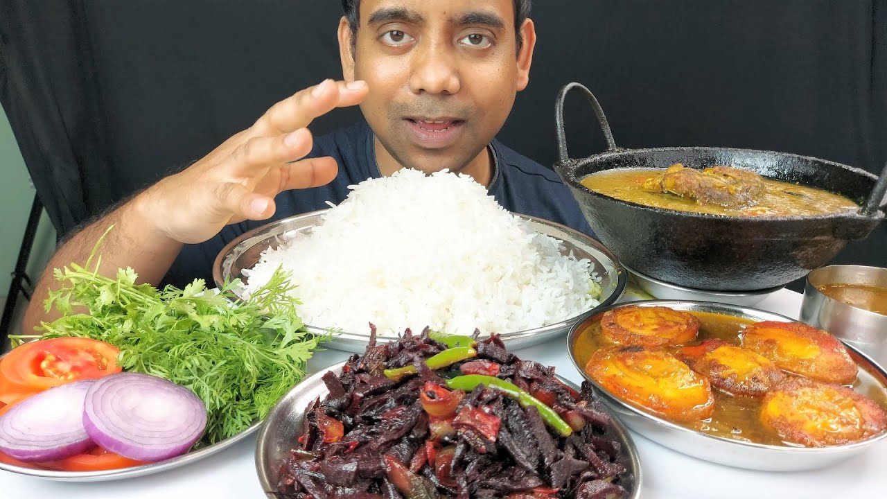 Eating Show , Fish with Red Potato and Spicy Egg Curry with Basmati Rice MUKBANG