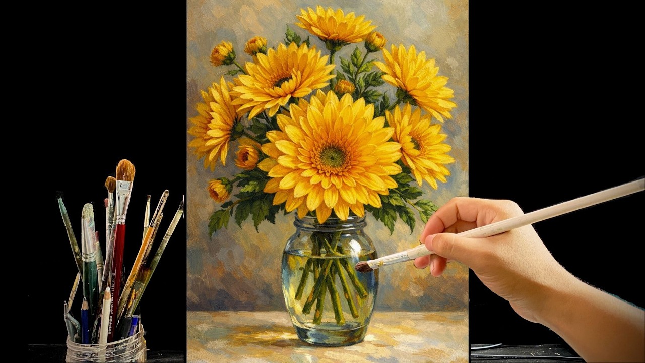 🎨 Painting Bright Yellow Marigold Flowers in a Glass Vase | Acrylic Painting Tutorial | #157