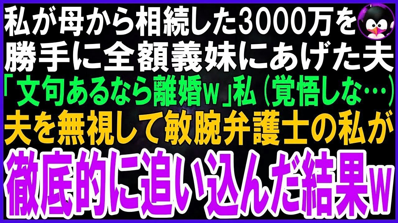 【スカッとする話】私が母から相続した3000万を全額勝手に義妹にあげた夫「家族なんだから助けて当然！文句があるなら離婚」私覚悟しなさい完全に放置して弁護士の私が徹底的に夫を追い込んだ結果