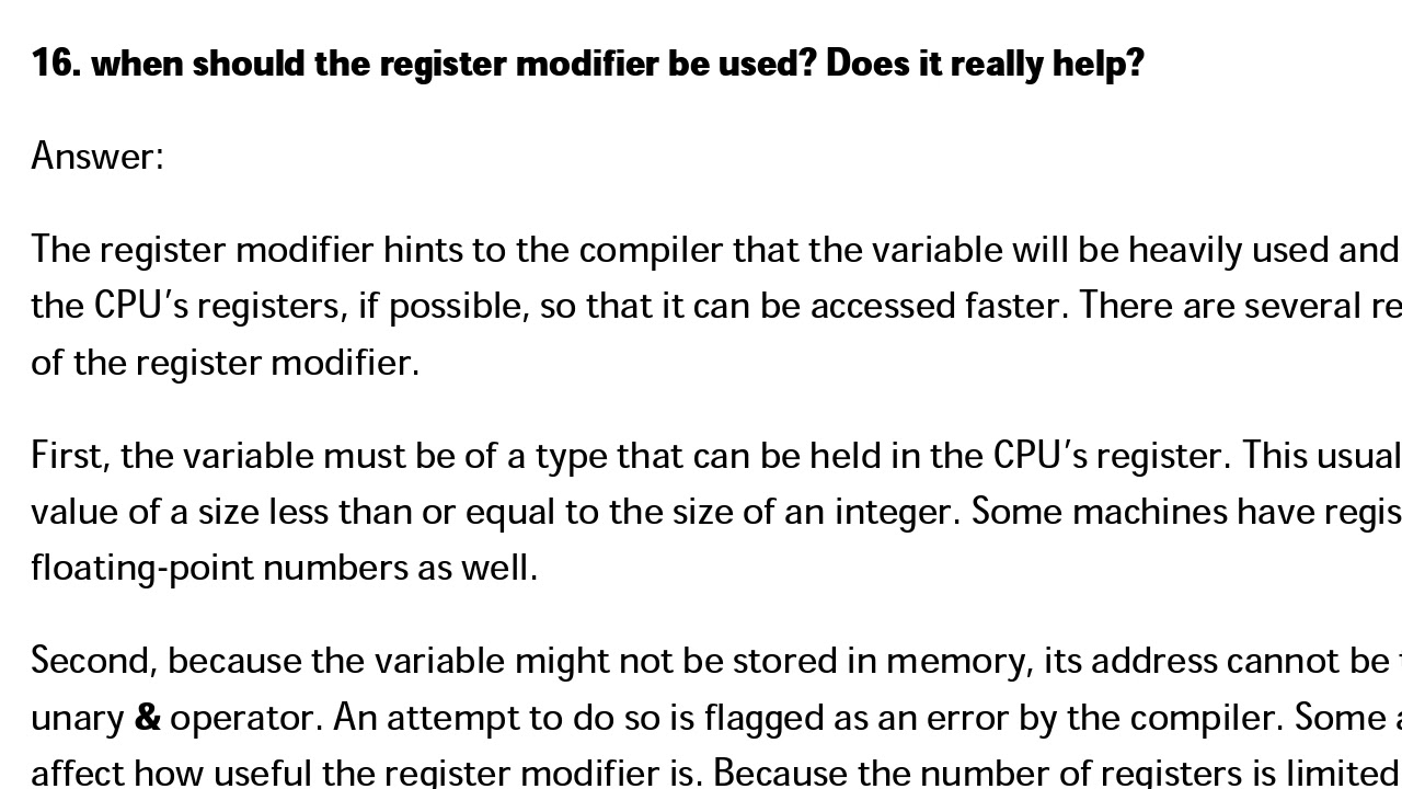 Embedded C questions: 16. When should the register modifier be used? Does it really help?