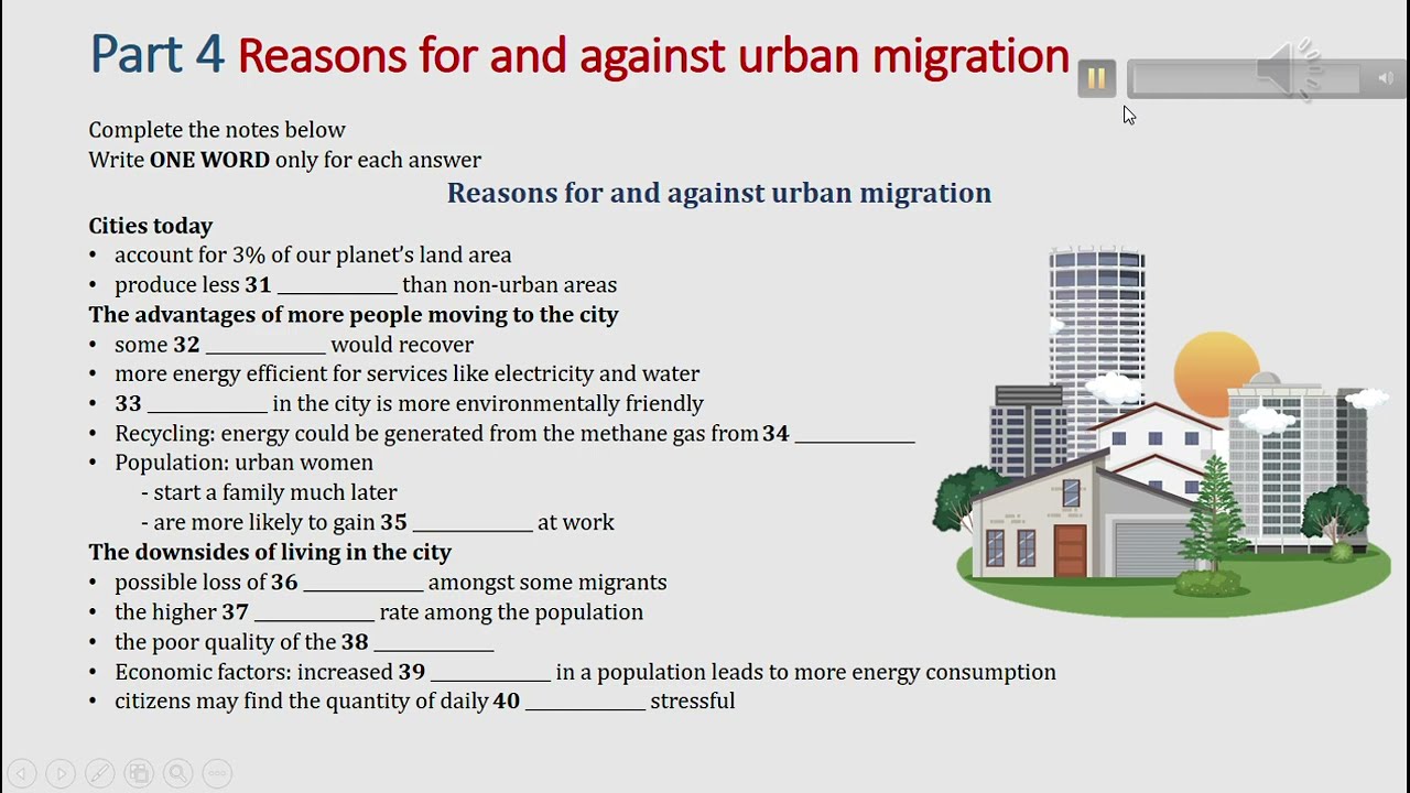 IELTS listening actual test Part 4: reasons for and against urban migration (answer+ transcript)