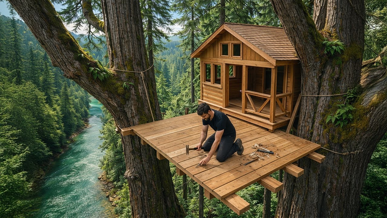 Man Builds a Log Cabin Between Two Giant Trees — Alone | From Start to Finish@norusarubushcraft