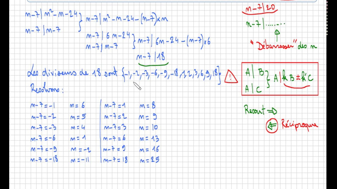 divisibilité • déterminer n tel que  n-7 divise n^2-n-24 • arithmétique • spé maths • terminale S