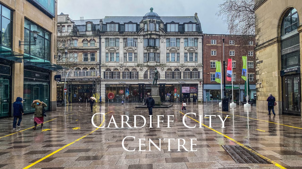 Rainy and windy day in Cardiff City Centre 4K walking Tour