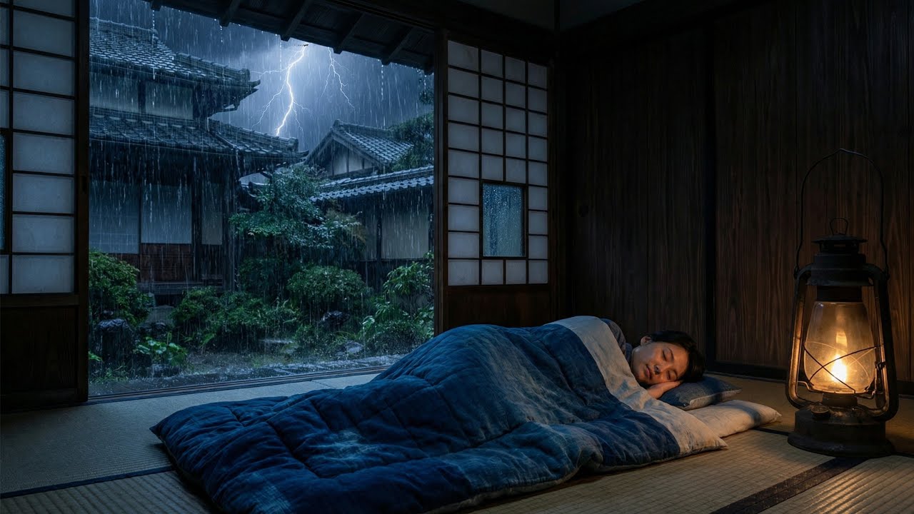 Deep Sleep in Ancient Japan: Heavy Rain & Thunderstorm under a Traditional Temple Roof (90 Min) ⛈️⛩️