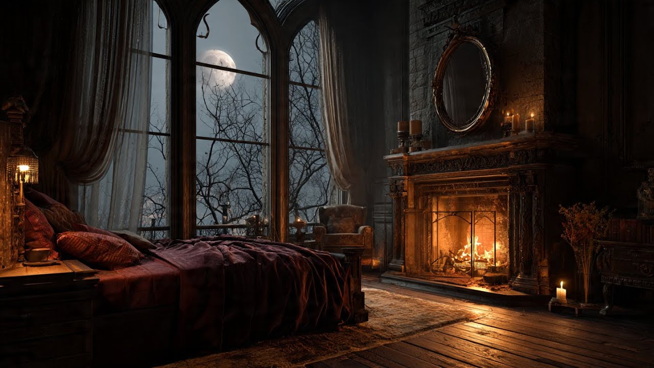 🌙 LIVE | Moonlit Fireplace Room 🔥 Cozy Medieval Night Ambience