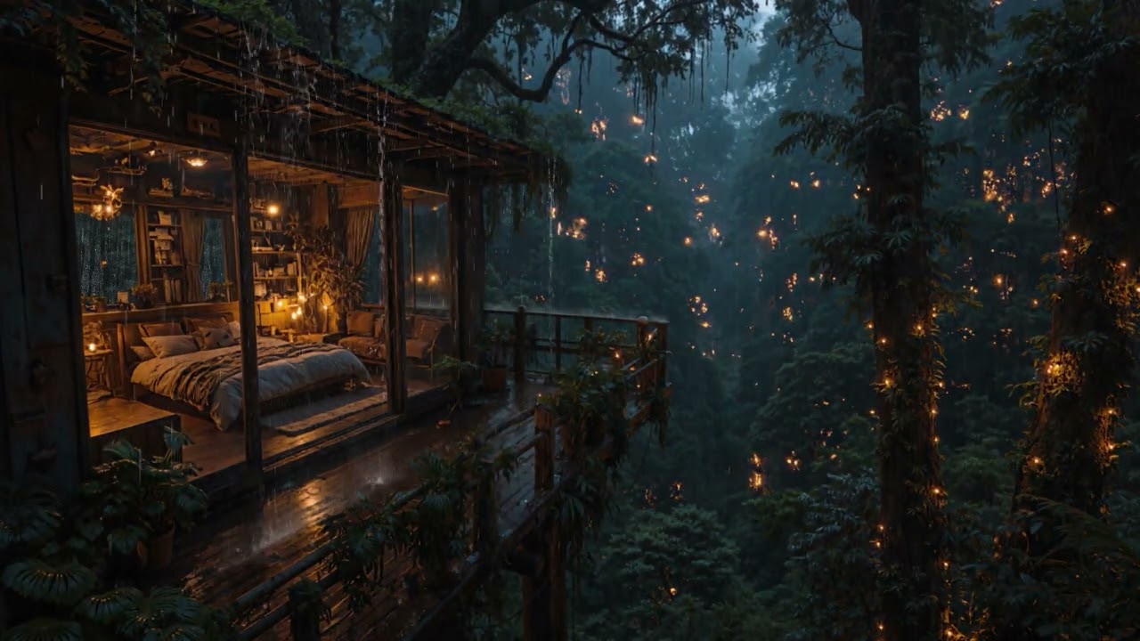 Light Rain Surrounding a Forest Cabin | 8 Hours Warm Indoor Night Mood (4K – No Ads)