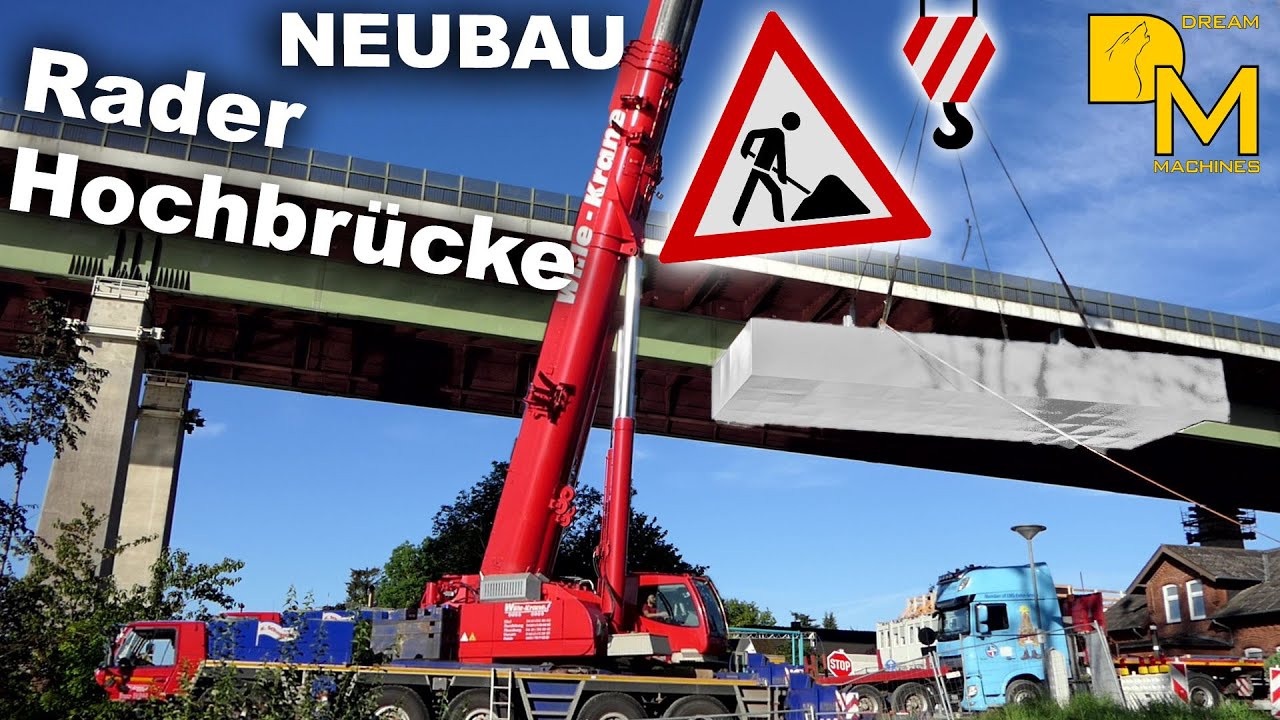 Erecting impressive high-rise steel-bridge 🏗️ 🚧 👷 with powerful cranes on crawlers and wheels