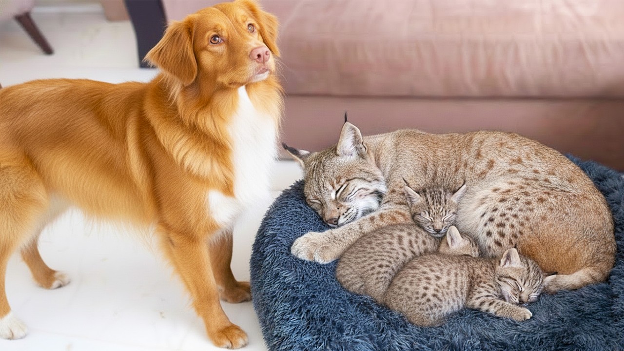 Mother Bobcat and Her Kittens Broke Into House and Took Over Dog Bed—Watch This Dog's Reaction!
