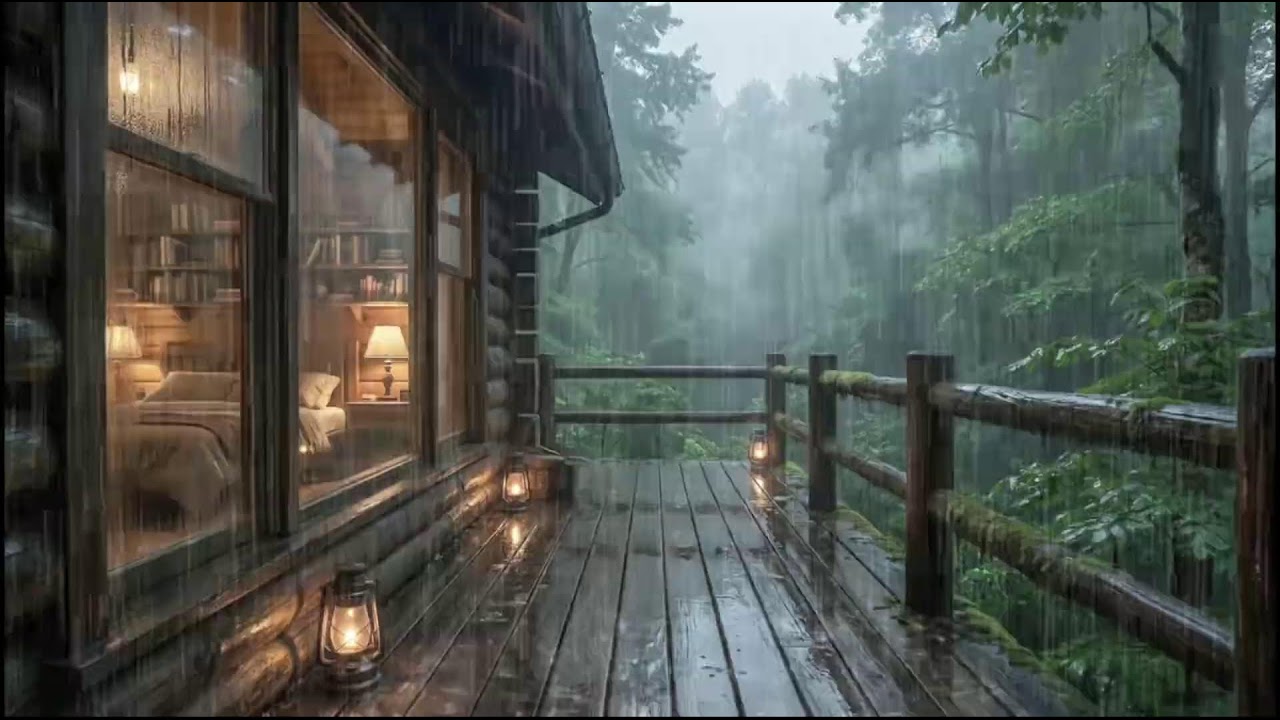 Calming rain near a forest cabin, slow rain rhythms for peaceful sleep support and insomnia rest
