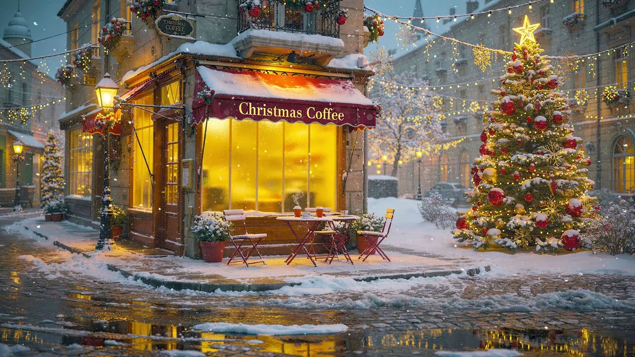 Christmas Coffee Shop with Soft Jazz & Snowfall ☕ Warm Ambience for Relaxation & Focus