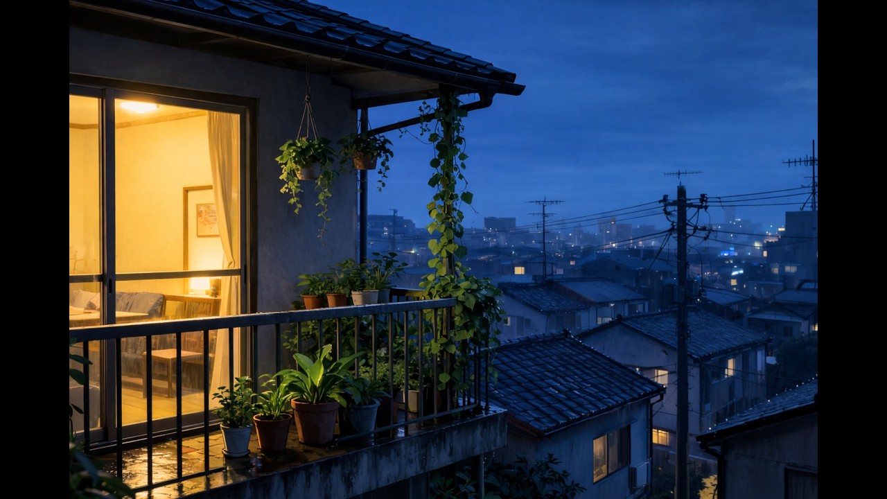 A cozy Japanese apartment balcony at night during heavy rain