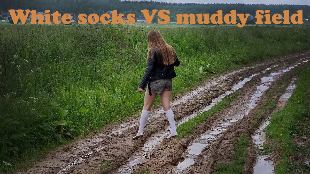 Muddy knee high white socks, knee high white socks on muddy field, wet knee high white sock (# 852)