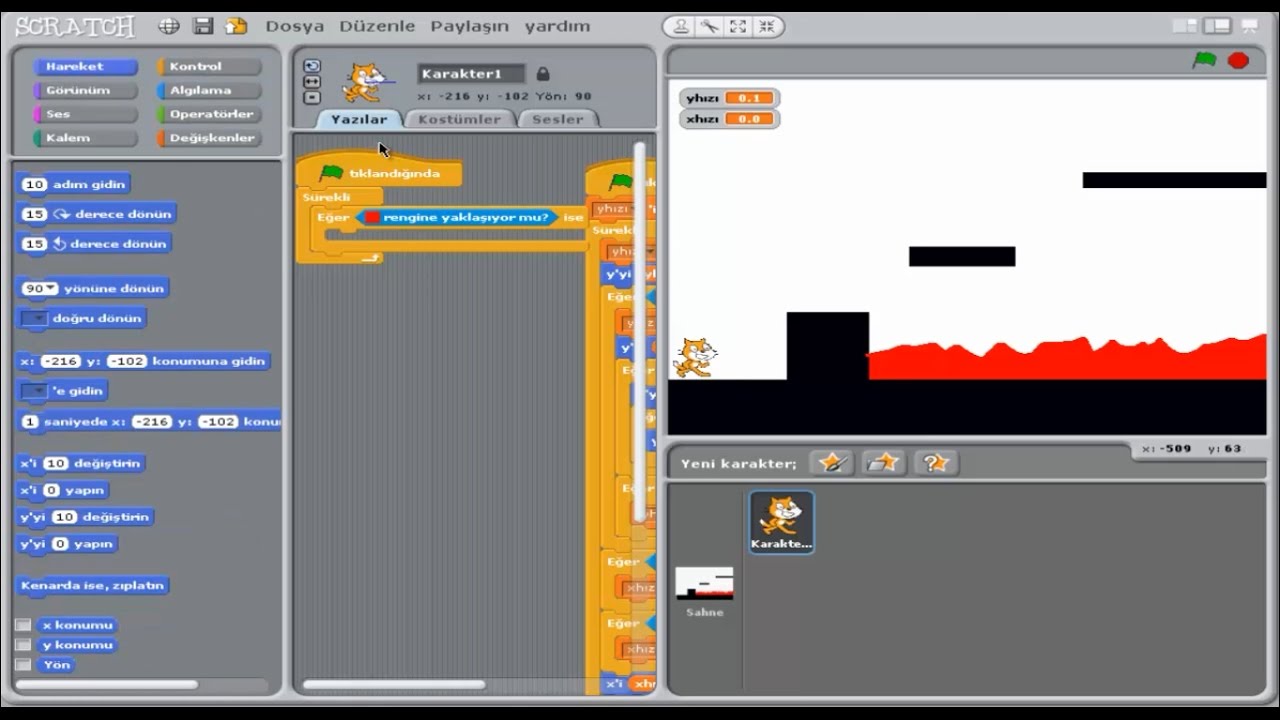Scratch programında İvmeli zıplama ve bölüm ilerlemeli platform oyunu