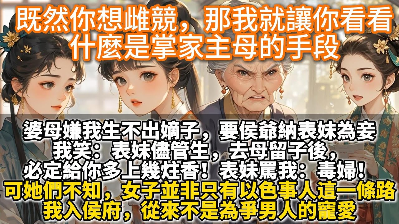 完結雙強宅斗爽文：既然你想雌競，那我就讓你看看什麼是掌家主母的手段。婆母嫌我生不出嫡子，要侯爺納表妹為妾。我笑：表妹儘管生，去母留子後，給你多上幾炷香！表妹罵我毒婦！她不知女子並非只有以色事人這一條路