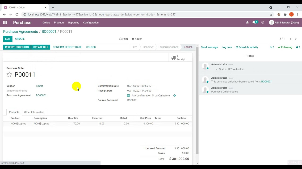 Odoo | Purchase Modeule |Purchase Agreements Blanket Order (7) | Odoo V14