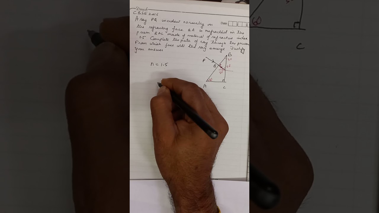 A ray PQ incident normally on the refracting face BA is refracted in the prism BAC made of material