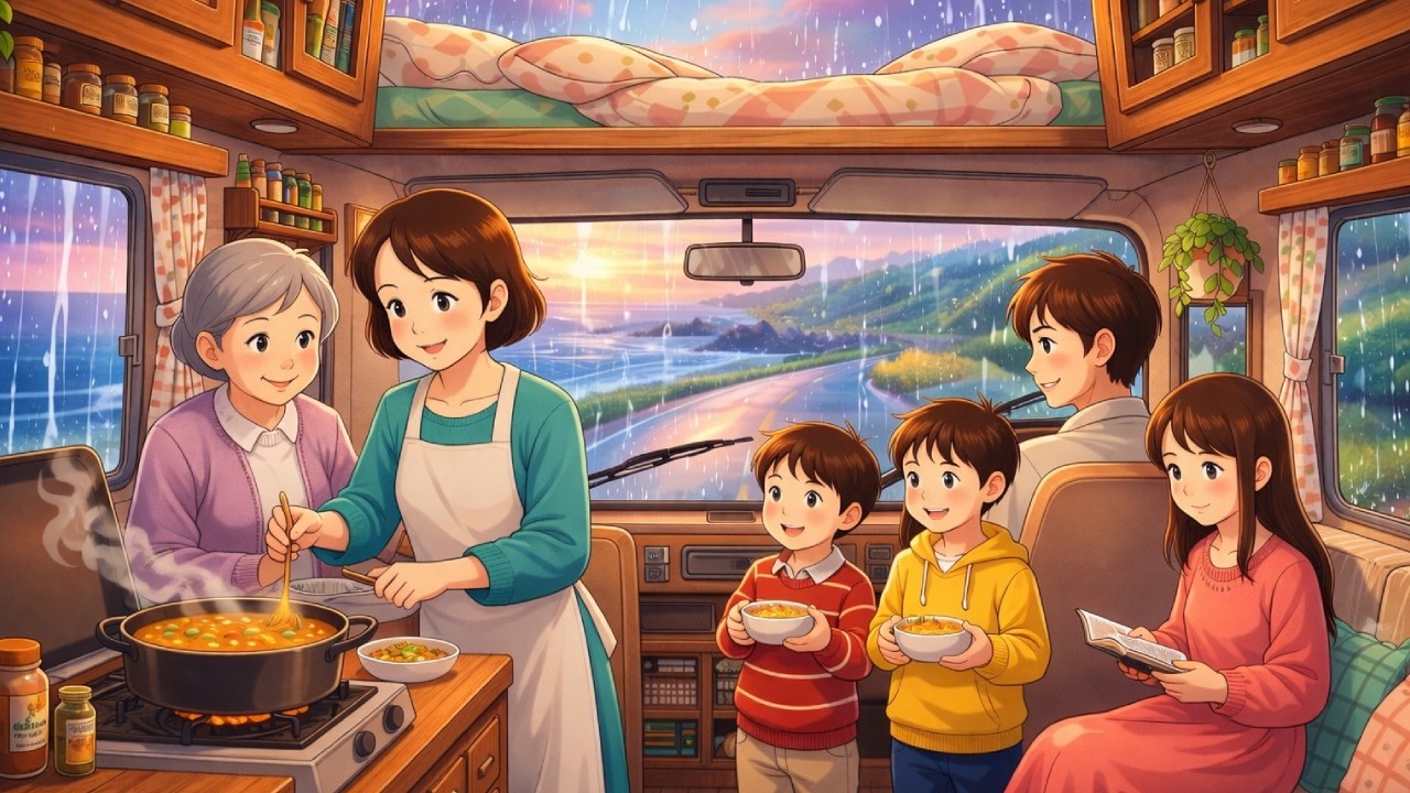 A Rainy Day Road Trip With Family in Our Tiny Mobile Home Ghibli Style ASMR