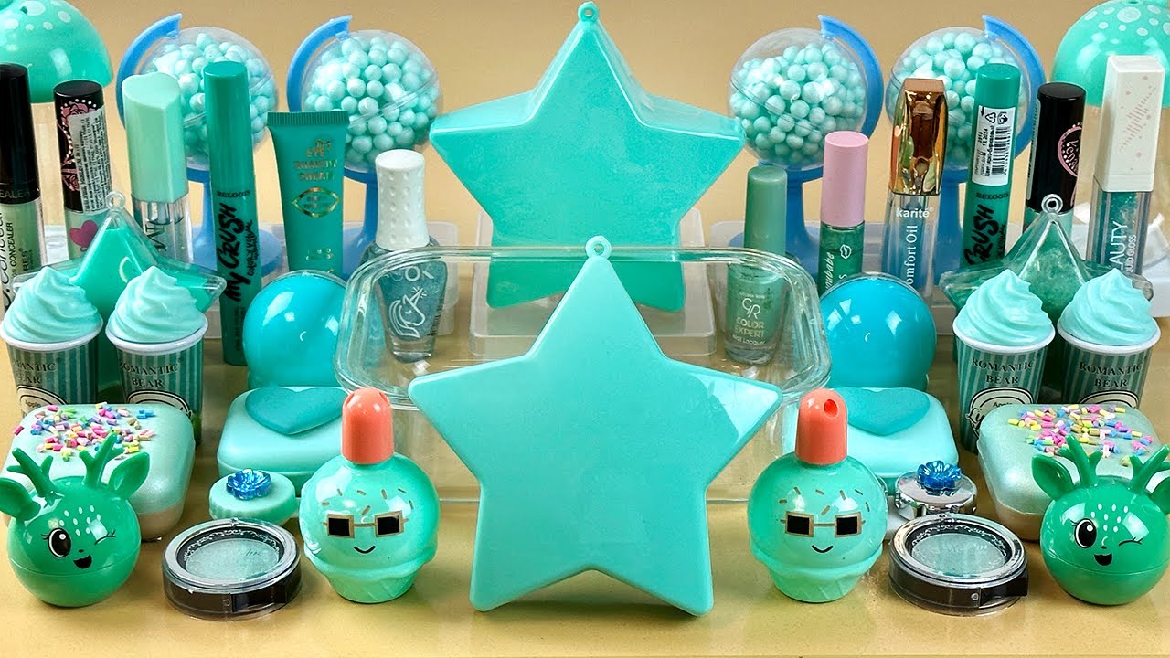 ASMR Slime 💚💦💤 Mixing ”MINT” makeup, Eyeshadow, glitter into slime. Satisfying slime video.