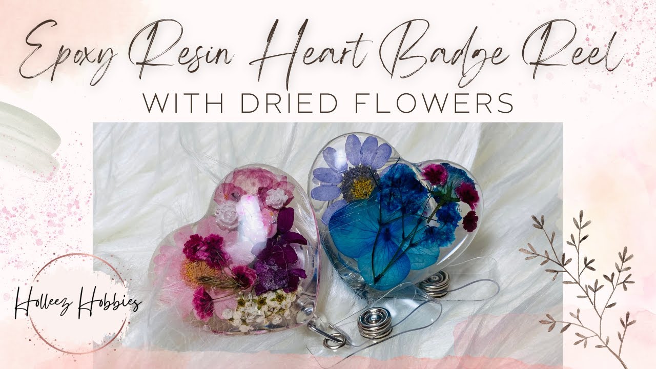 Epoxy Resin Heart Badge Reel With Pressed Dried Flowers