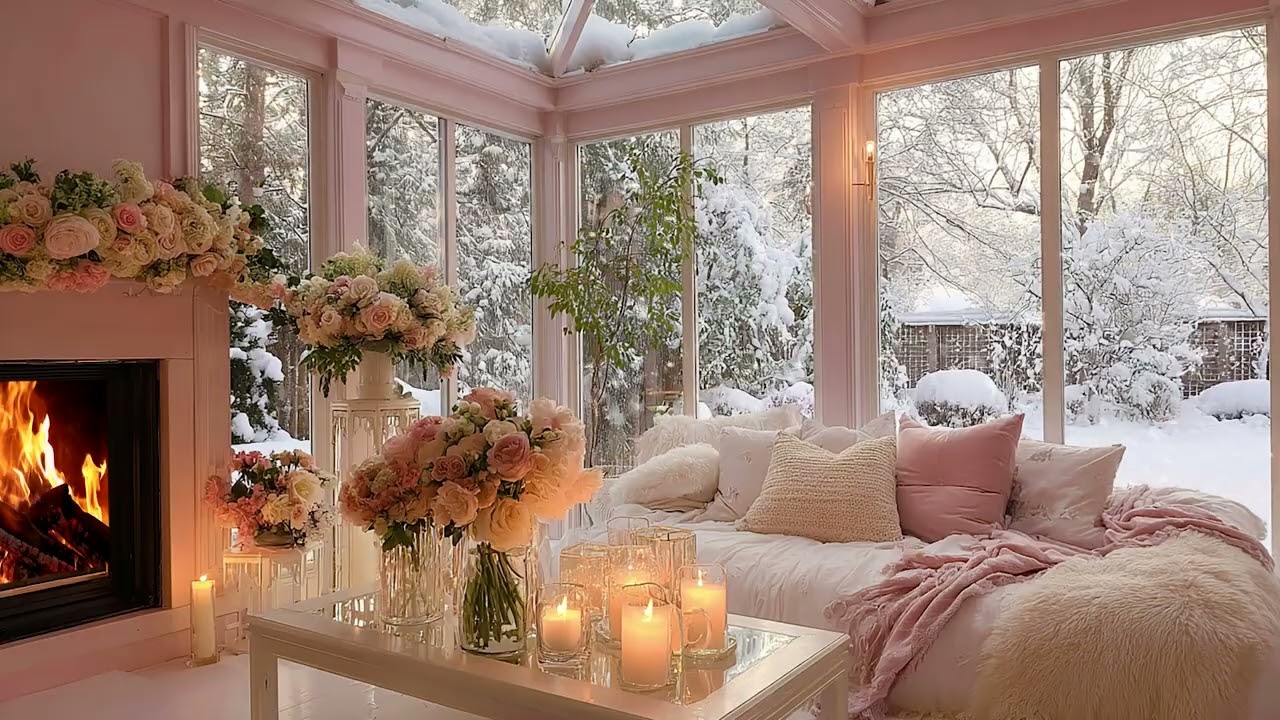 Cozy Winter Night ❄️ Crackling Fireplace Inside with Snowy Scenery Outside for Deep Relaxation