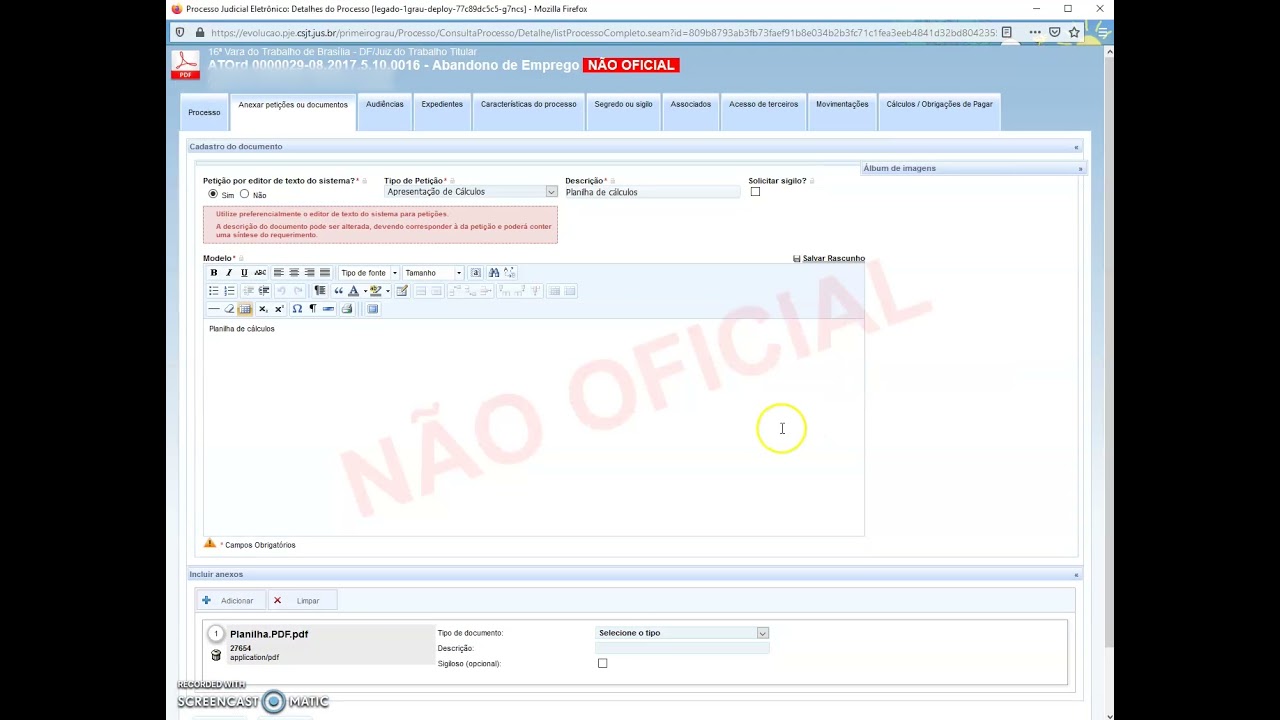Juntadas no PJe de planilhas de cálculos oriundas do PJe-Calc