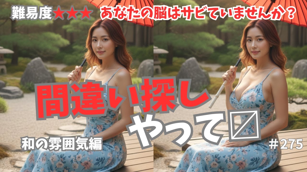【間違い探し】認知症予防＆脳トレ＆癒し、難易度3、和の雰囲気編、高齢者向け、毎日更新、おまけ付、11分で5問、275