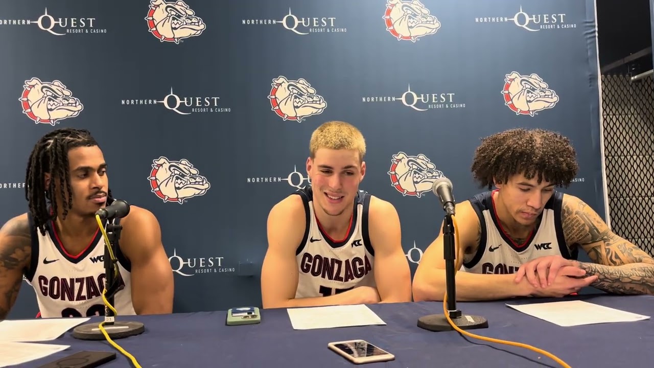 Gonzaga’s Adam Miller, Mario Saint-Supery and Jalen Warley post LMU