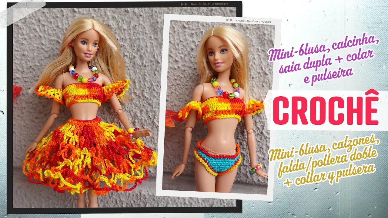 Mini-blusa, saia dupla e calcinha de crochê + colar e pulseira para bonecas