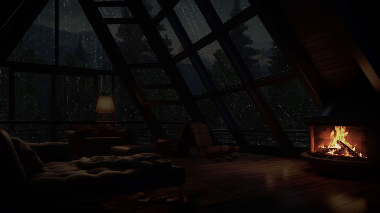 Noite tranquila no sótão com lareira e sons naturais de chuva para um sono reparador