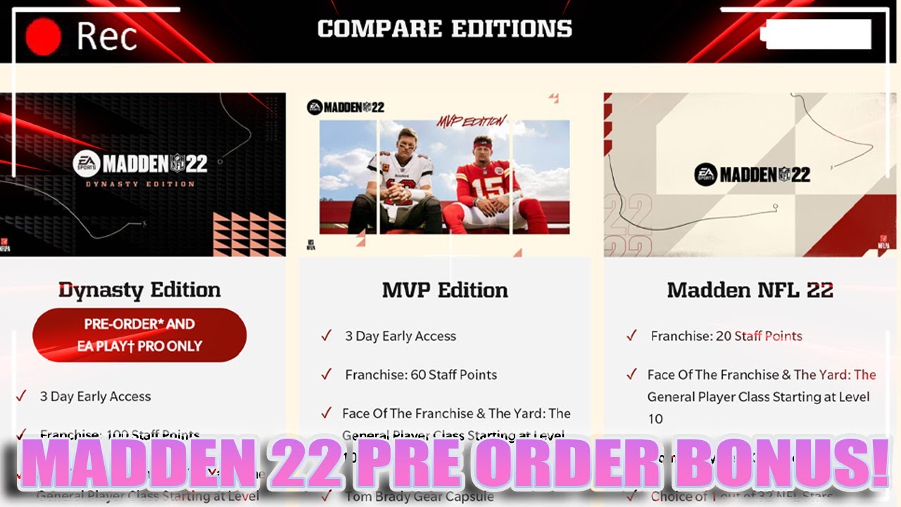 MADDEN 22 PRE ORDER BONUS BREAK DOWN! DYNASTY EDITON, MVP EDITION, AND STANDARD EDITION!