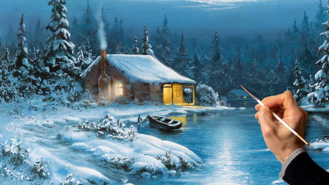 Зимний пейзаж - полнолуние. Живопись маслом. Уроки рисования. Искусство. Красивая картина. Хобби.