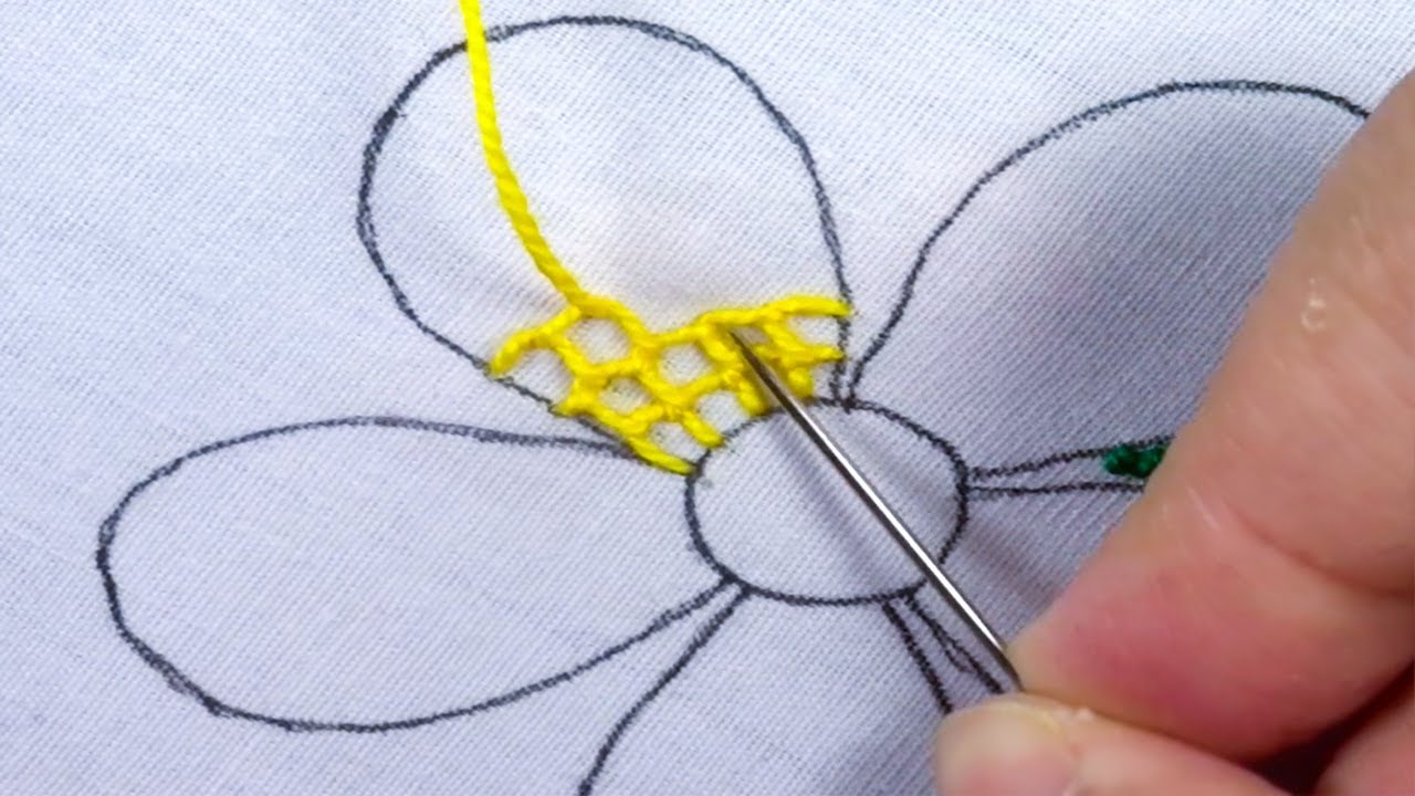 hand embroidery super easy unique flower pattern needle work with Net/Honeycomb stitch on fabrics