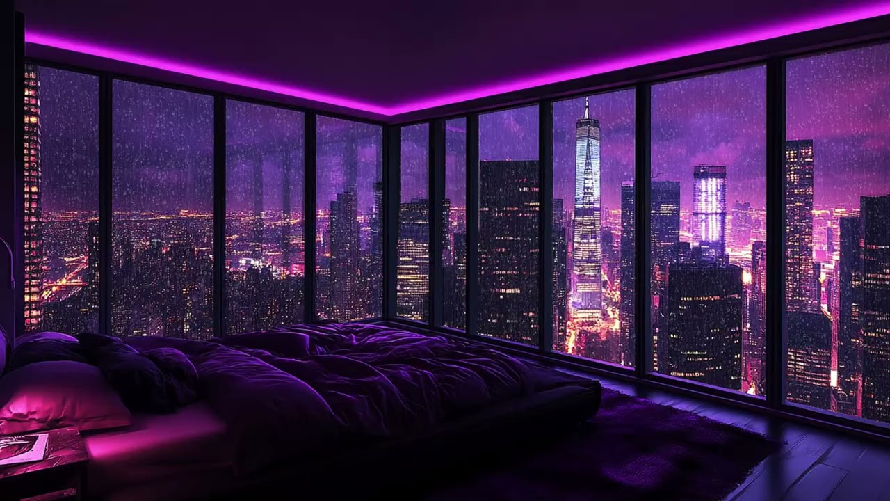 Rainstorm Over a Glowing City Skyline | Modern Loft Bedroom with Panoramic View | Calm Sleep Sounds