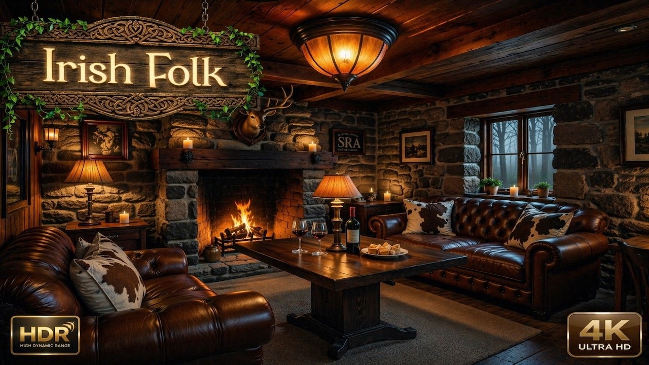 Cozy Irish Fireplace Ambience, Traditional Scottish Pub 4K | Calm Celtic Music for Relaxing Evenings