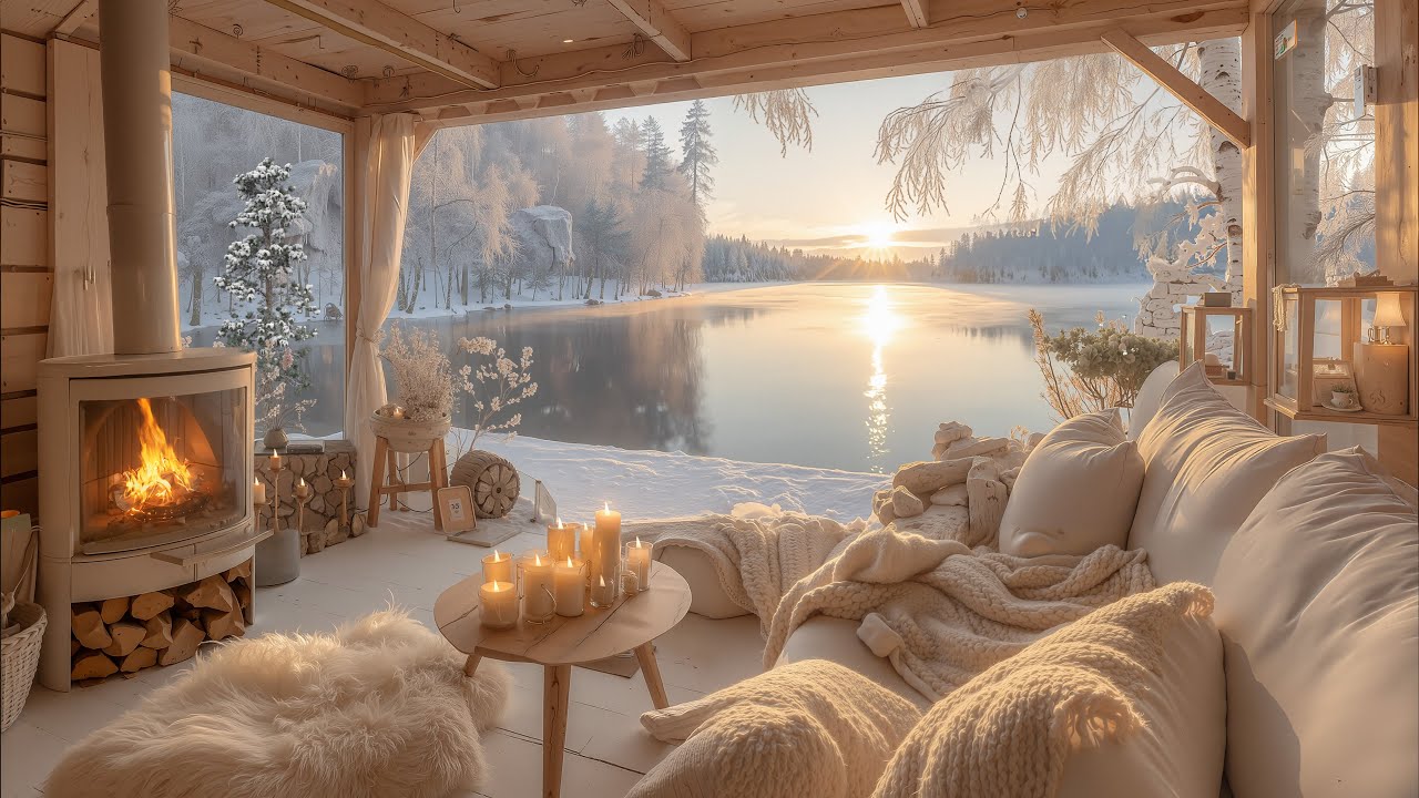 December Winter Afternoon By The Lake ⛄ Soft Piano, Falling Snow & Warm Fireplace for Deep Focus