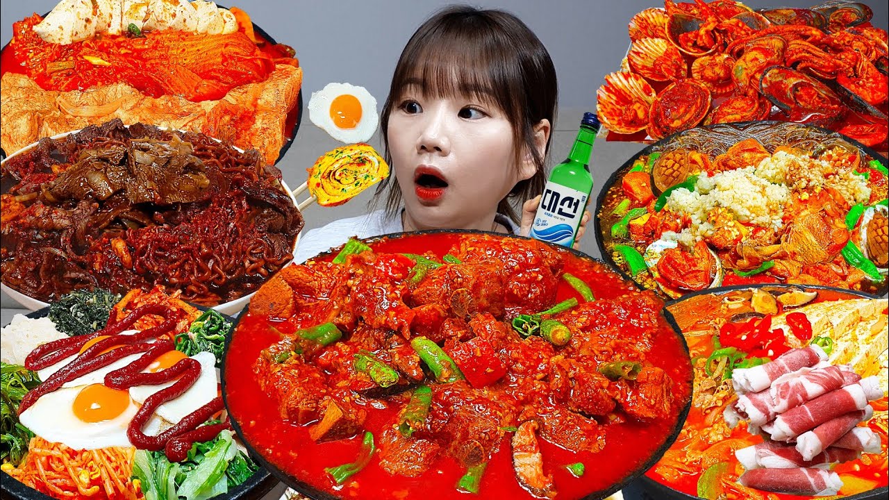 Sub)Real Mukbang- Если хотите вкусную еду, нажмите на нее 😋 Курица, рамэн, острые морепродукты🔥 АСМР
