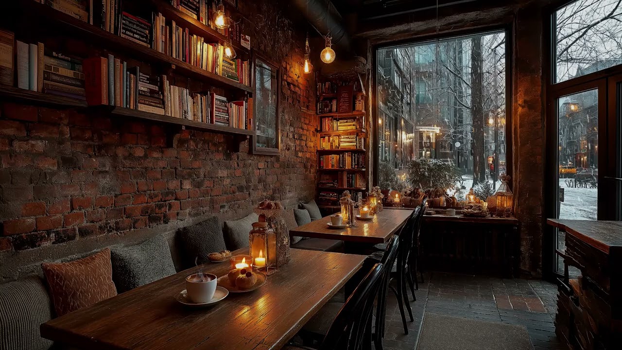 Snow Falling Outside a Cozy Café Window with Gentle Piano Music for Calm and Deep Sleep