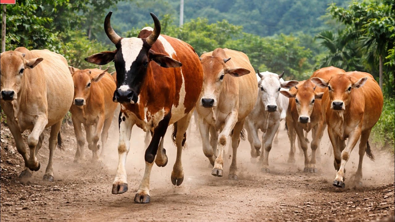 Gembala puluhan sapi lembu berjalan dan berlari menuju perbatasan antara ladang sawah dan hutan 