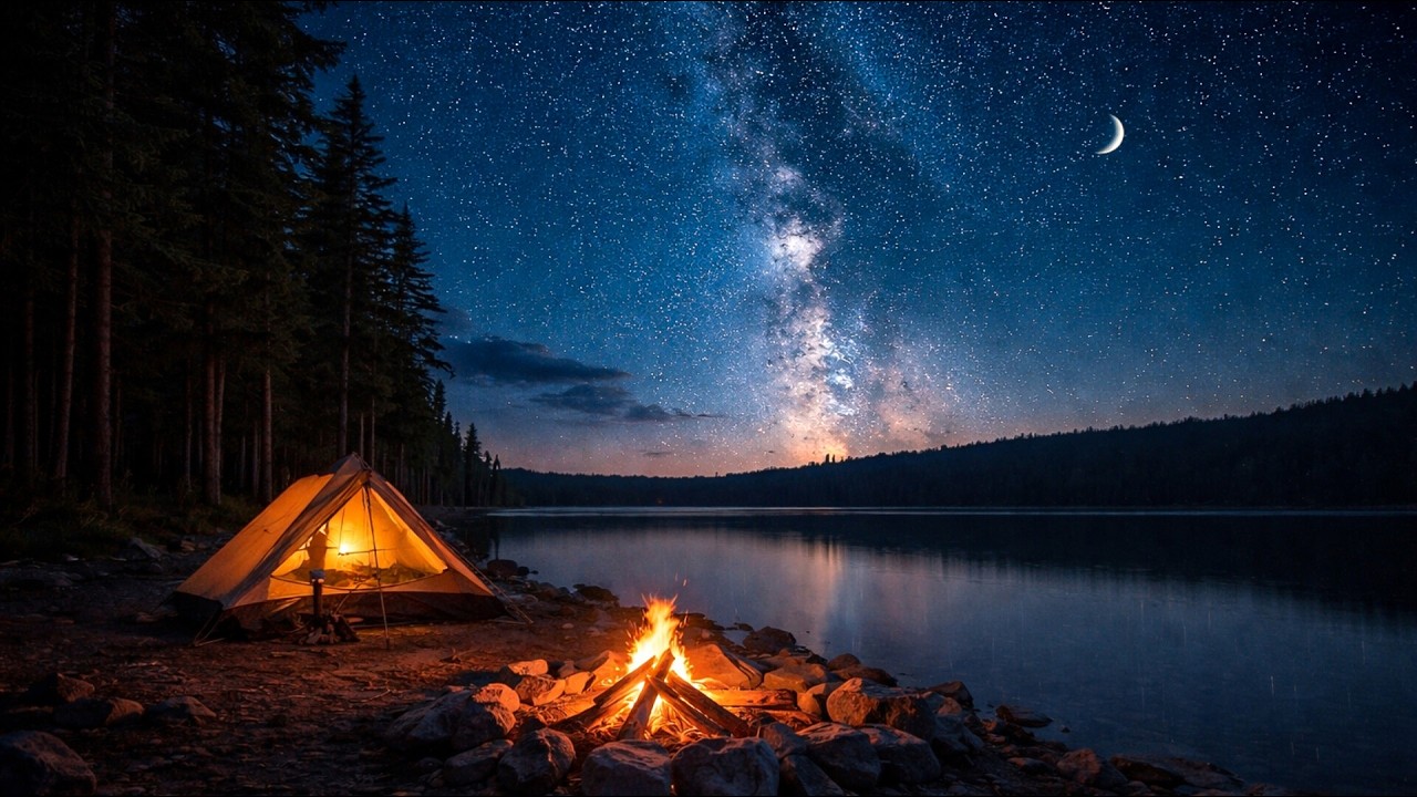 Deep Sleep Lake CAMPFIRE with Camp , Fog, Mist, Stress Relief, Fire, Meditation - ASMR