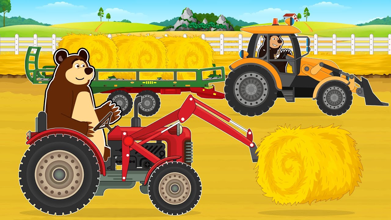 Farmers Works - Front Loader Picking Up Straw Bales and Tractor Work on a Field | The Bear Farm